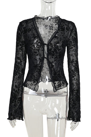 Sheer Floral Tie-Front Blouse