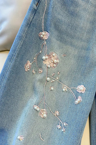 Floral Straight-Leg Denim Jeans