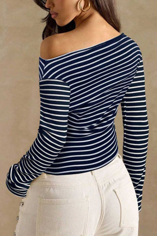 Striped One-Shoulder Ribbed Long Sleeve Top