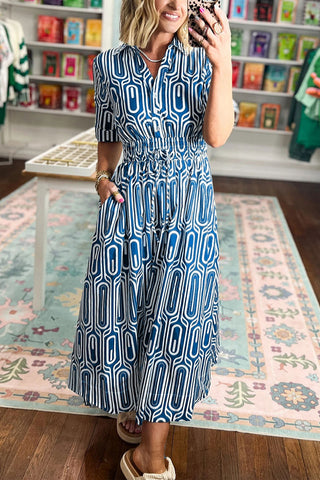 Patterned Button-Front Smocked Midi Dress