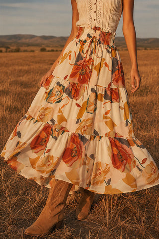 Tiered Drawstring Floral Maxi Skirt