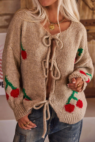 Tie-Front Cherry Embellished Cardigan