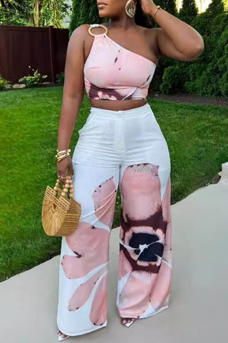 One-Shoulder Floral Pants Set