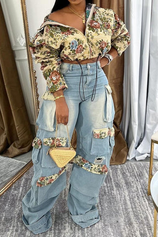 Floral Cropped Jacket with Drawstring Hem