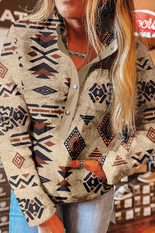 Geometric Button-Pullover Sweatshirt