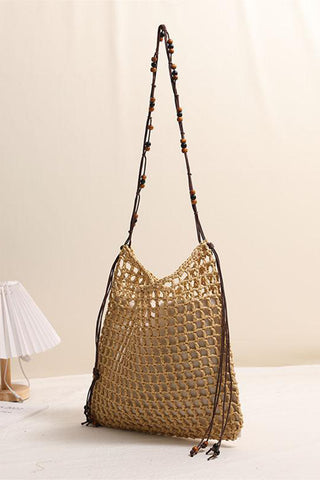 Beaded Shoulder Hollow Woven Beach Bag