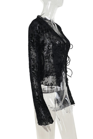 Sheer Floral Tie-Front Blouse