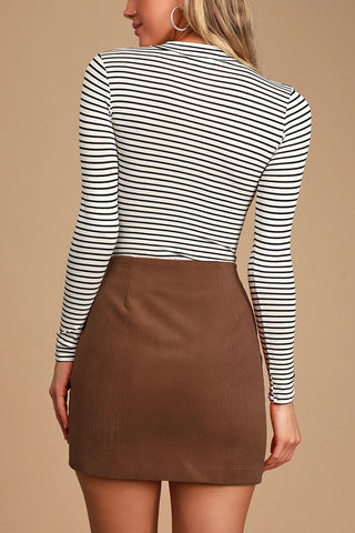 Ribbed Button Detail High-Waist Mini Skirt