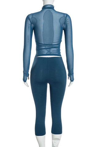 Sheer Mock Neck Crop Top and Capri Pants Set