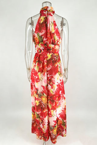 Floral Halter Ruched Maxi Dress