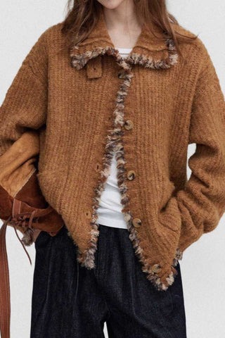 Fuzzy Textured Frayed Trim Cardigan
