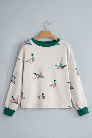 Duck Print Ribbed Crew Neck Sweatshirt