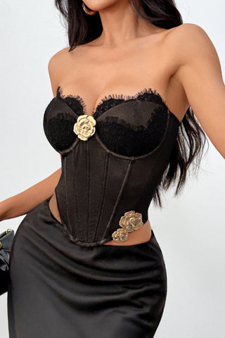 Lace Corset Strapless Top with Rose Hardware