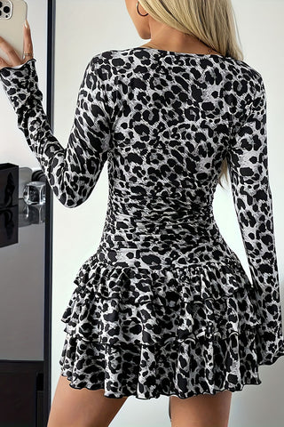 Leopard Print Ruffle Long Sleeve Mini Dress