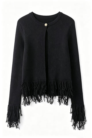 Fringe Trim Crew Neck Knit Cardigan