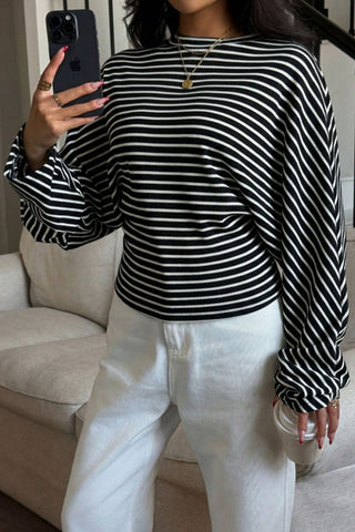 Striped Ribbed Knit Long Sleeve Top