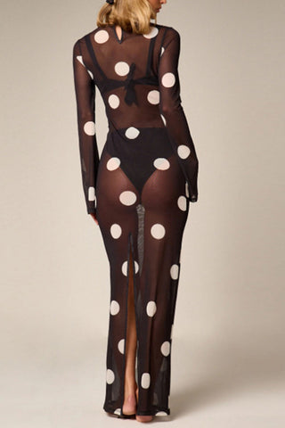 Sheer Polka Dot Bell Sleeve Maxi Dress