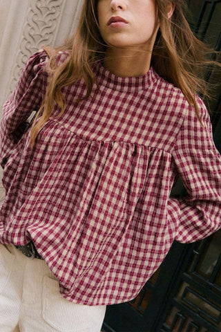 Plaid Mock Neck Puff Sleeve Blouse