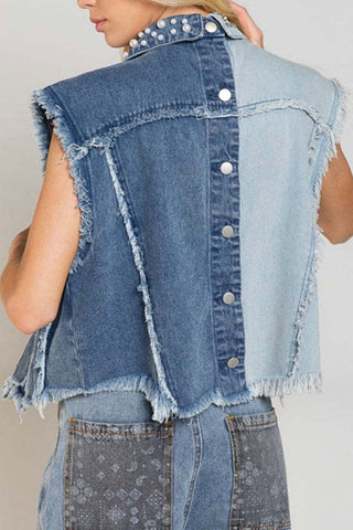 Pearl Studded Frayed Sleeveless Vest