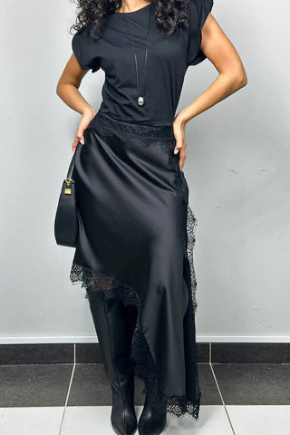 Lace Trim Asymmetrical Midi Skirt