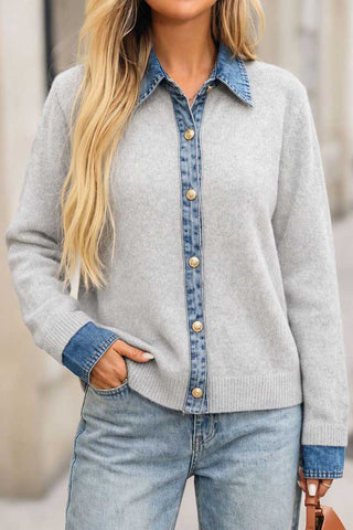 Denim Trim Button-Front Knit Cardigan