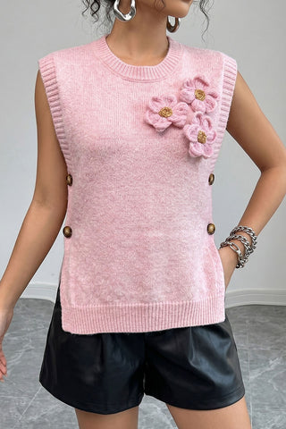 3D Floral Button-Side Sweater Vest