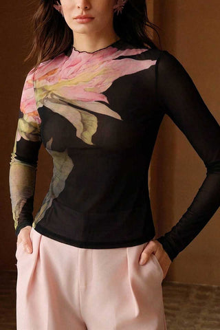 Floral Sheer Mesh Mock Neck Top