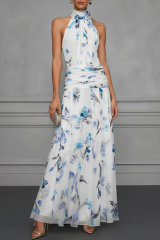 Floral Halter Ruched Maxi Dress