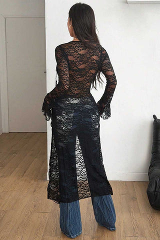 Sheer Lace Front Tie Bell Sleeve Blouse