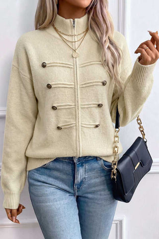 Zip-Front Mock Neck Knit Cardigan