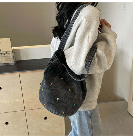 Floral Denim Tote Bag