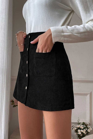 High-Waist Ribbed Button-Front Mini Skirt