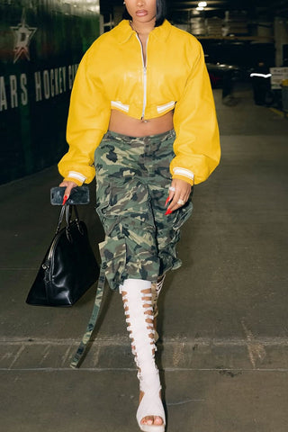 Striped Trim Zip-Front Crop Bomber Jacket