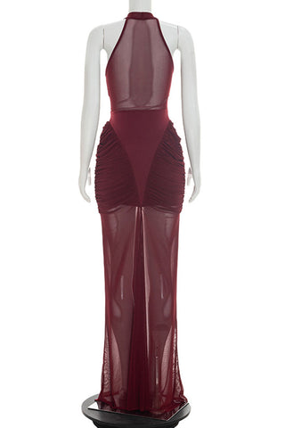 Sheer Bodice Ruched Mermaid Dress