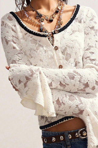 Lace Ruffle Sleeve Button-Front Blouse