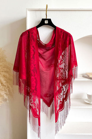 Floral Lace Open Front Fringe Cape