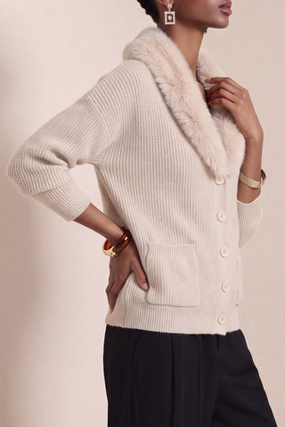Faux Fur Collar Button-Front Knit Cardigan