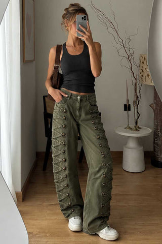 Side Button Detail Wide-Leg Pants