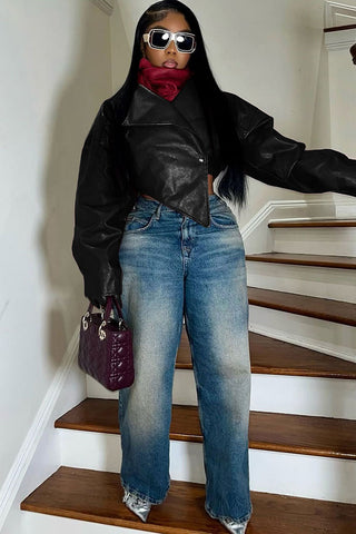 Asymmetrical Lapel Leather Jacket