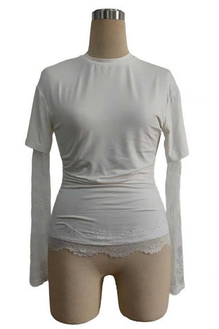 Sheer Lace Sleeve Ruched Crew Neck Top