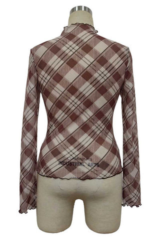 Plaid Mock Neck Sheer Long Sleeve Top