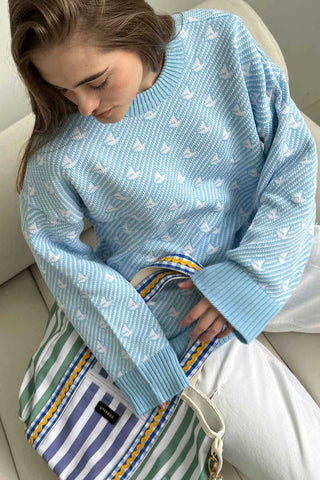 Bird Motif Crew Neck Knit Sweater
