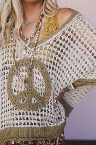 Peace Sign Knit Hooded Sweater