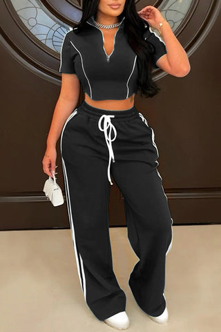 Zip-Up Crop Top and Wide-Leg Pants Set