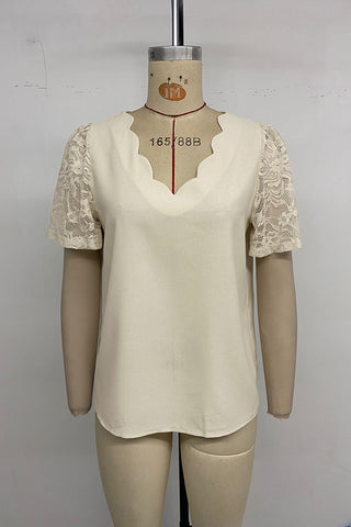 Scalloped V-Neck Lace Sleeve Blouse