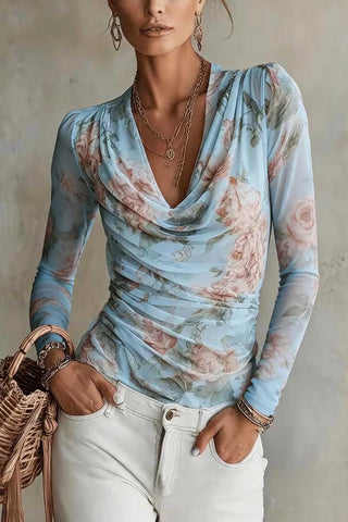 Sheer Floral Ruched Cowl Neck Top
