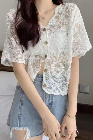 Floral Lace Button-Front Blouse