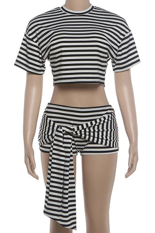 Striped Crew Neck Tie-Waist Short Set