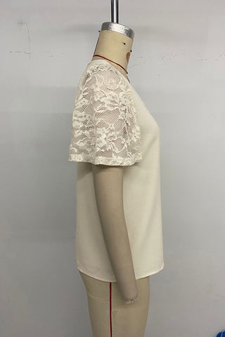 Scalloped V-Neck Lace Sleeve Blouse