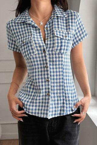 Button-Up Checkered Short Sleeve Top